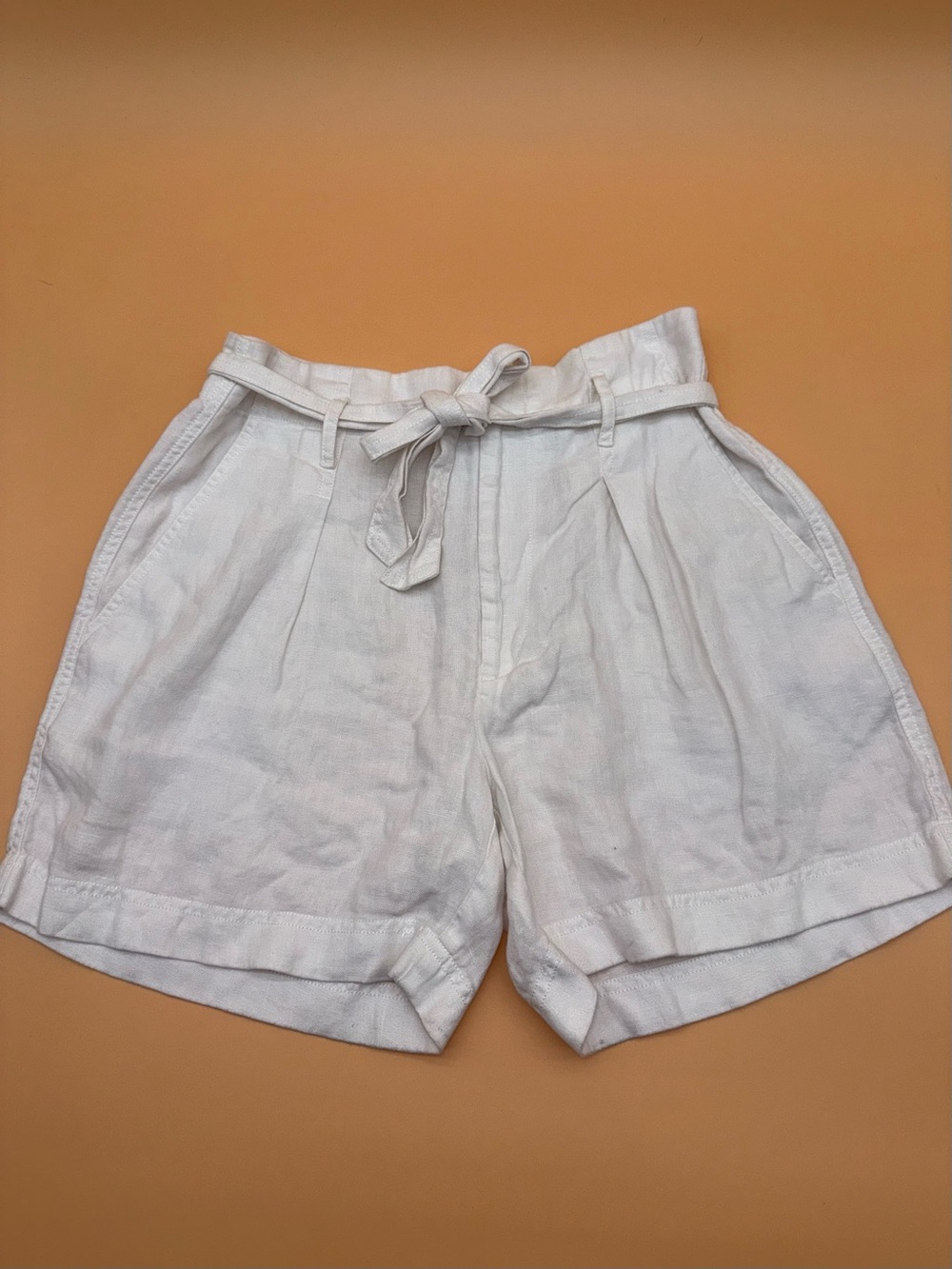 Ralph Lauren Black Tag White 100% Linen Paperbag High Rise Belted Shorts Size 0